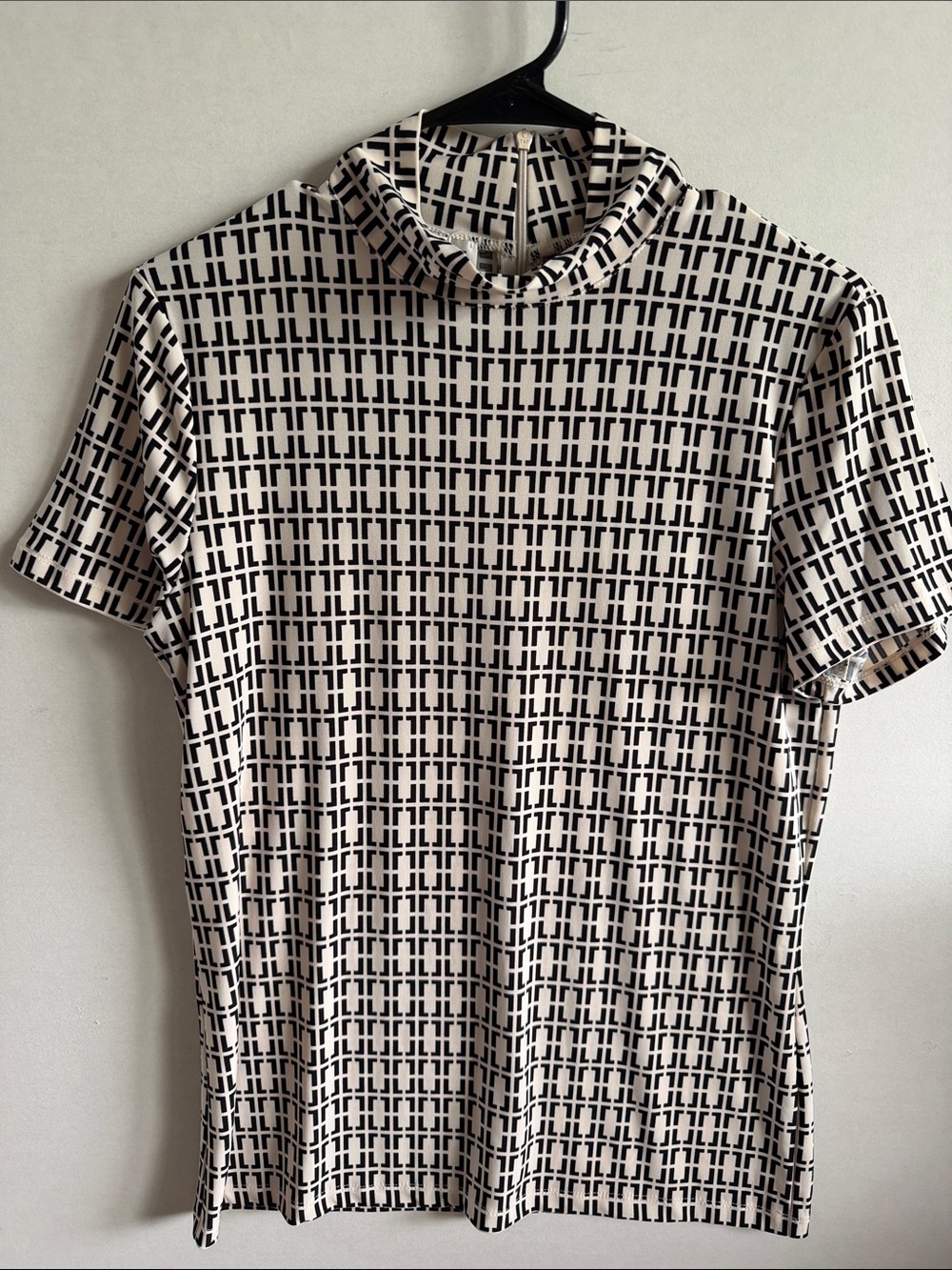 Anne Klein Cream and Black Geometric Mock Neck Top